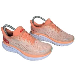 Hoka One One Clifton 8 Shoes Women's Size 6.5 B Orange White Running Sneakers